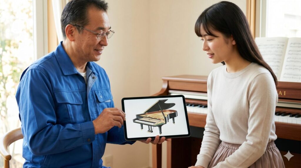 カワイの電子ピアノの修理点検で、日本人技術者が女性ユーザーにタブレットを使って鍵盤構造の図解を交えながら、迅速かつ丁寧に不具合の原因を説明している様子。メーカーサポートの誠実さと安心感を伝える。