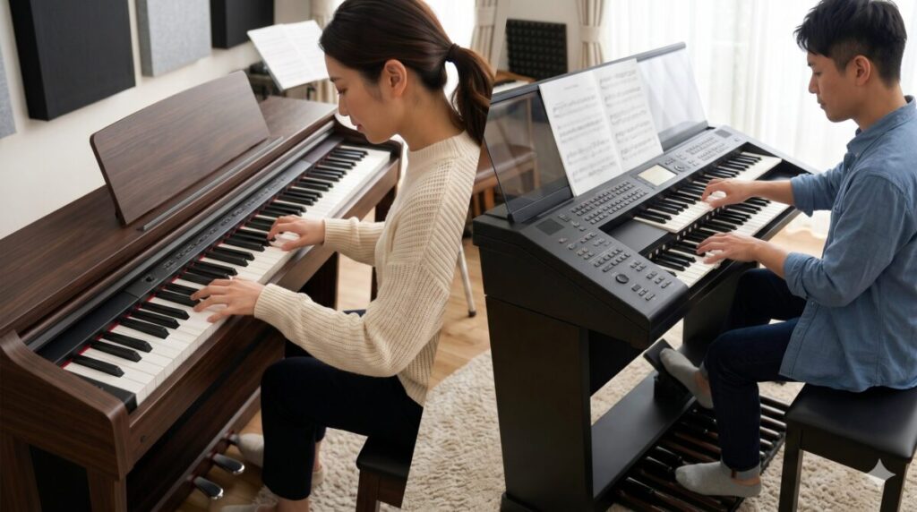 電子ピアノとエレクトーンが並んで置かれた部屋で、それぞれの特徴的な鍵盤構成と演奏スタイルを比較する画像。左側の電子ピアノは1段鍵盤で、右側のエレクトーンは2段鍵盤とペダル鍵盤を備えている。