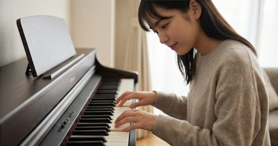 自宅でRoland RP30電子ピアノの88鍵象牙調鍵盤を弾き、ハンマーアクションのリアルなタッチ感を楽しむアジア人女性。