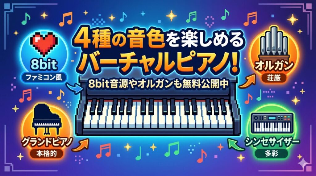 4種の音色を楽しめるバーチャルピアノ！8bit音源やオルガンも無料公開中