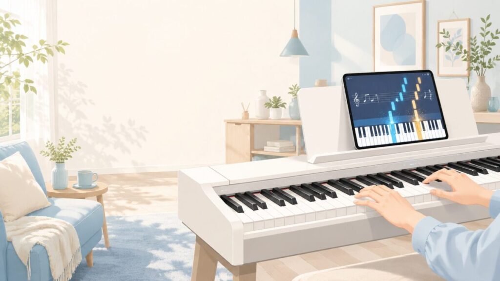 明るく清潔感のあるリビングで、白い電子ピアノの譜面台にタブレットを立てかけ、画面にピアノ学習アプリ風のUI（鍵盤のガイドと流れる音符）が表示されている様子。手前に大人の手が鍵盤に置かれている。