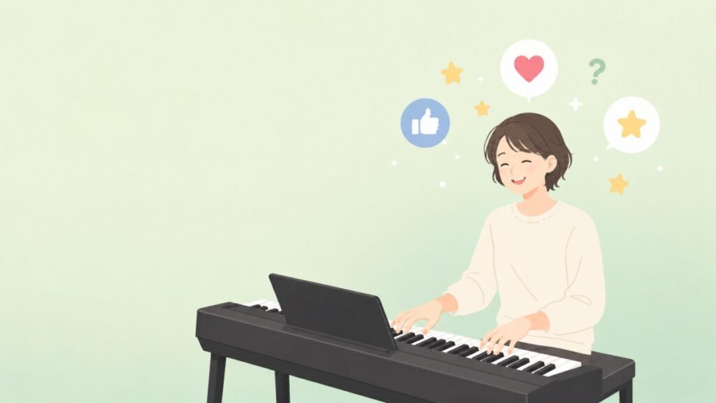 ピアノを弾いて笑顔になっている大人（性別問わず1人）のシンプルなフラットイラスト。頭の上に「いいね」「ハート」「星」などの好意的な評価アイコンと、少しだけ「？」マークが浮かぶ。