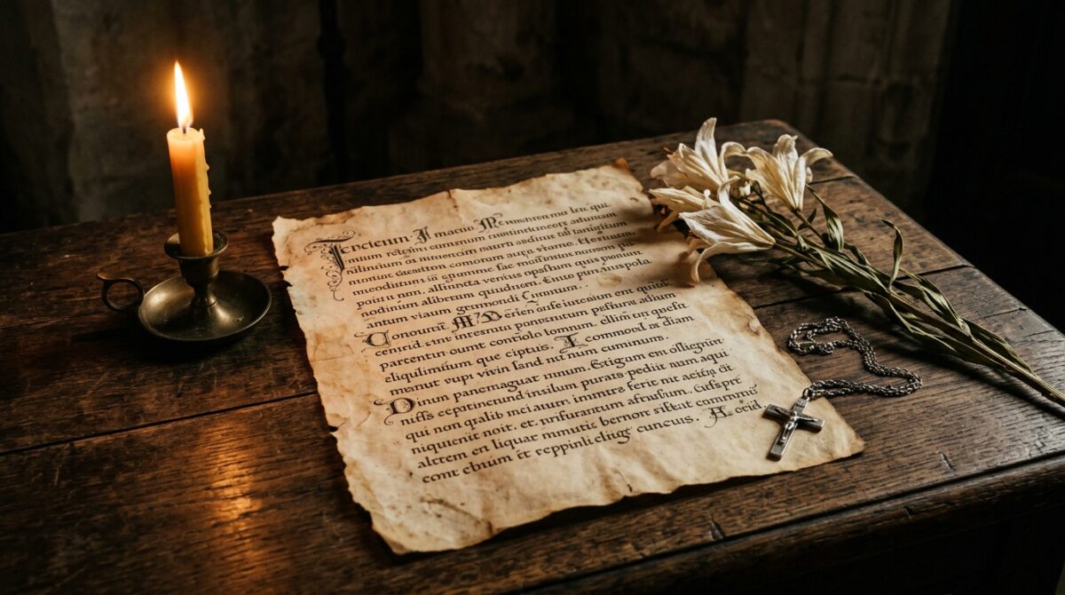 A close-up still life of an ancient parchment manuscript with elegant