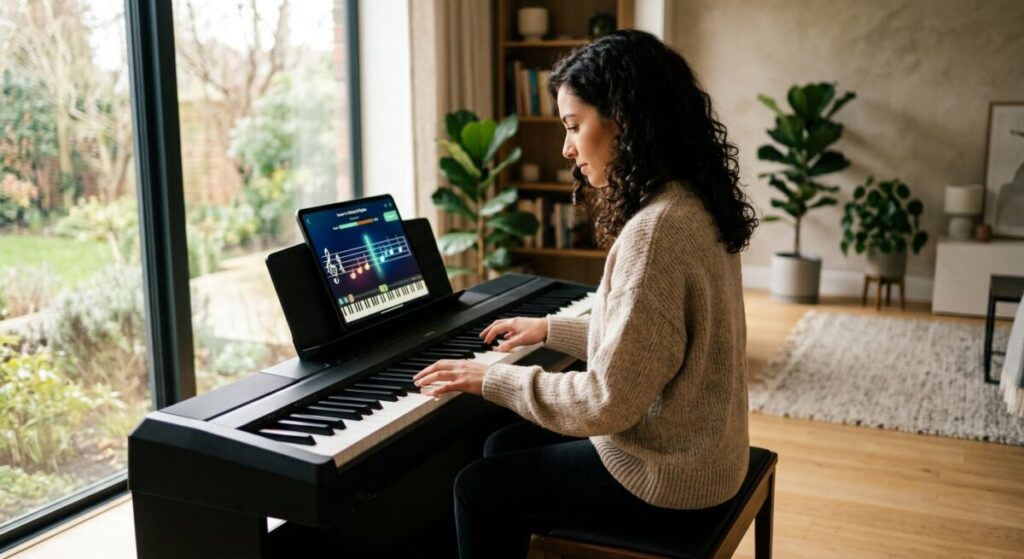 A high-quality, editorial-style photograph of a modern living room where a person is learning to play piano using a tablet. A sleek digital piano sits near a large window with soft, natural morning light. Resting on the piano's music stand is a large tablet displaying a bright, interactive music learning interface with a digital staff, scrolling musical notes, and colorful visual feedback indicators for rhythm and pitch. The person's hands are gracefully positioned on the ivory keys, captured in a moment of focused practice. The atmosphere is warm and encouraging, blending traditional music study with modern technology. The background is slightly blurred with a shallow depth of field, emphasizing the connection between the player, the instrument, and the digital lesson. Minimalist decor, professional lighting, and a clean, sophisticated composition.