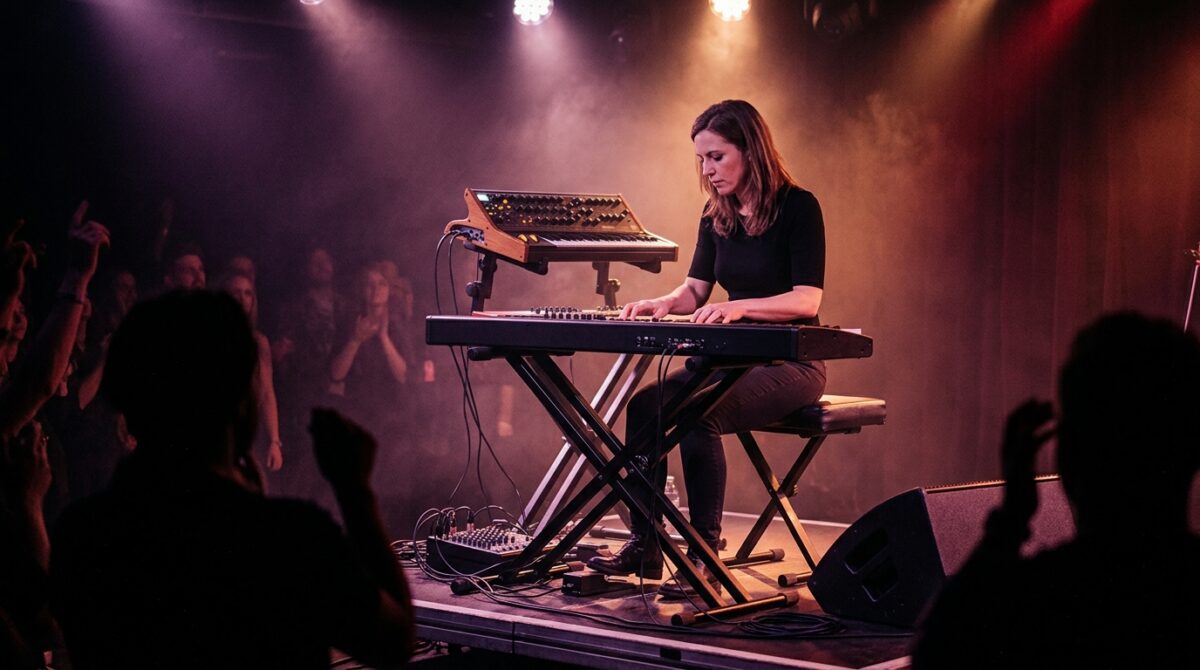 A professional keyboardist on a small live stage playing a slim black 88-key