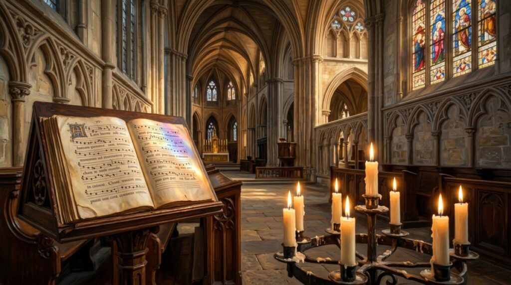 A serene and atmospheric scene inside an old European Catholic cathedral at golden hour. Soft warm sunlight streams through tall stained glass windows, casting colorful light beams onto an open antique sheet music book resting on a wooden lectern. Lit white candles glow softly in the foreground. The architecture features Gothic arches and stone pillars. Cinematic depth of field, painterly oil-painting style, muted warm tones with deep blues and golds. No people, no text, no logos. Aspect ratio 16:9, high detail, photorealistic with artistic atmosphere.