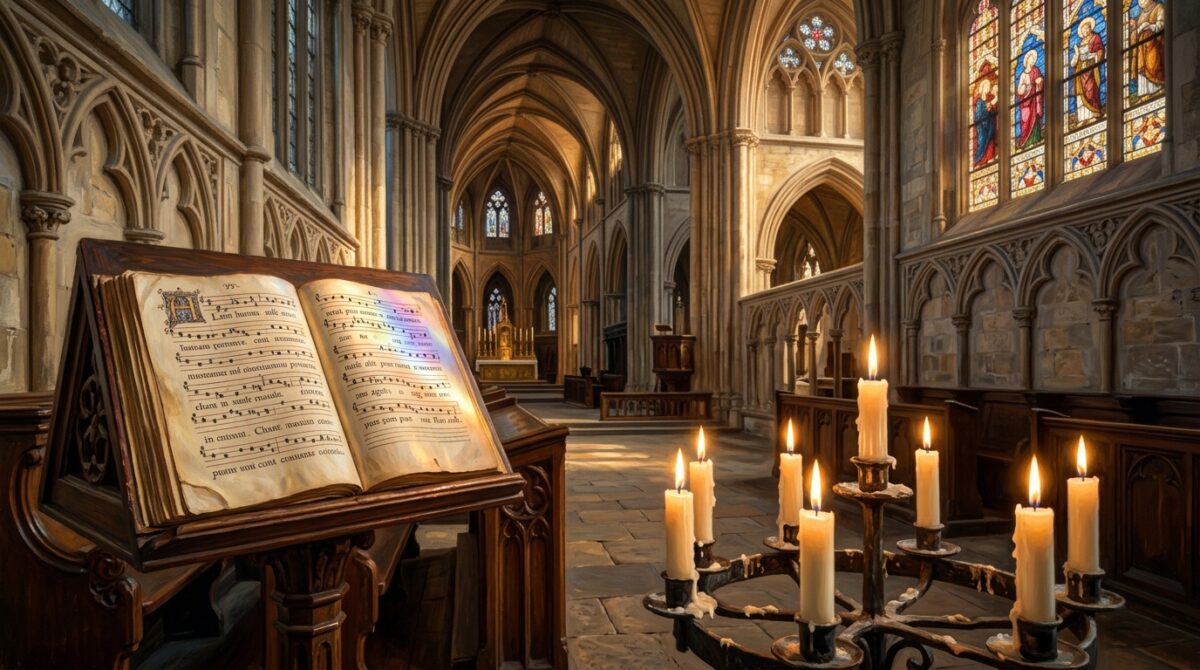 A serene and atmospheric scene inside an old European Catholic cathedral at golden hour. Soft warm sunlight streams through tall stained glass windows, casting colorful light beams onto an open antique sheet music book resting on a wooden lectern. Lit white candles glow softly in the foreground. The architecture features Gothic arches and stone pillars. Cinematic depth of field, painterly oil-painting style, muted warm tones with deep blues and golds. No people, no text, no logos. Aspect ratio 16:9, high detail, photorealistic with artistic atmosphere.