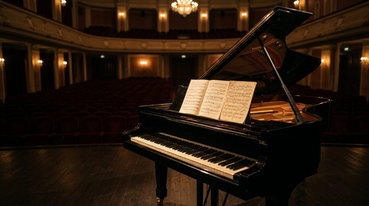 An elegant grand piano in a dimly lit concert hall, with an open music score on