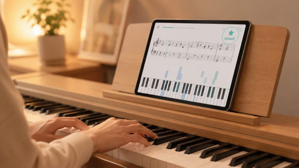 鍵盤の上に置かれたタブレットに、楽譜と鍵盤ガイドのアプリ画面が表示され、画面の隅に「Good!」のような達成フィードバックの抽象表現。