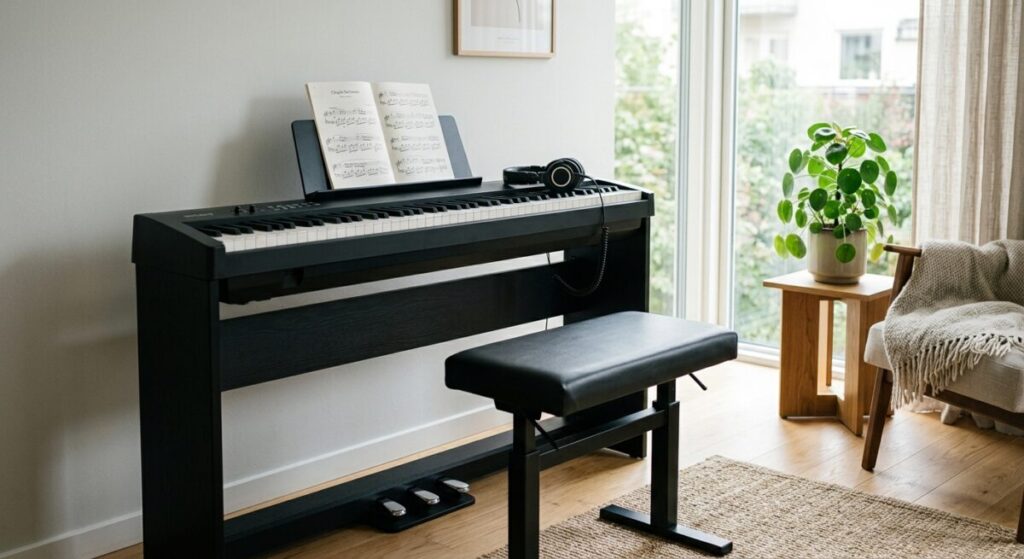 A professional editorial-style photograph of a complete digital piano setup in a bright, modern living room corner. The centerpiece is a slim, matte black digital piano mounted on a matching integrated wooden stand with a three-pedal unit. In front of the piano is a high-quality, height-adjustable padded bench. A pair of professional wired studio headphones is resting neatly on the piano's surface. The setting is clean and minimalist, featuring light-colored hardwood floors, soft natural light streaming in from a large window, and a single small indoor plant in the background. The image has a shallow depth of field, focusing on the elegant textures of the keys and the polished finish of the instrument, creating a serene and inviting practice environment.