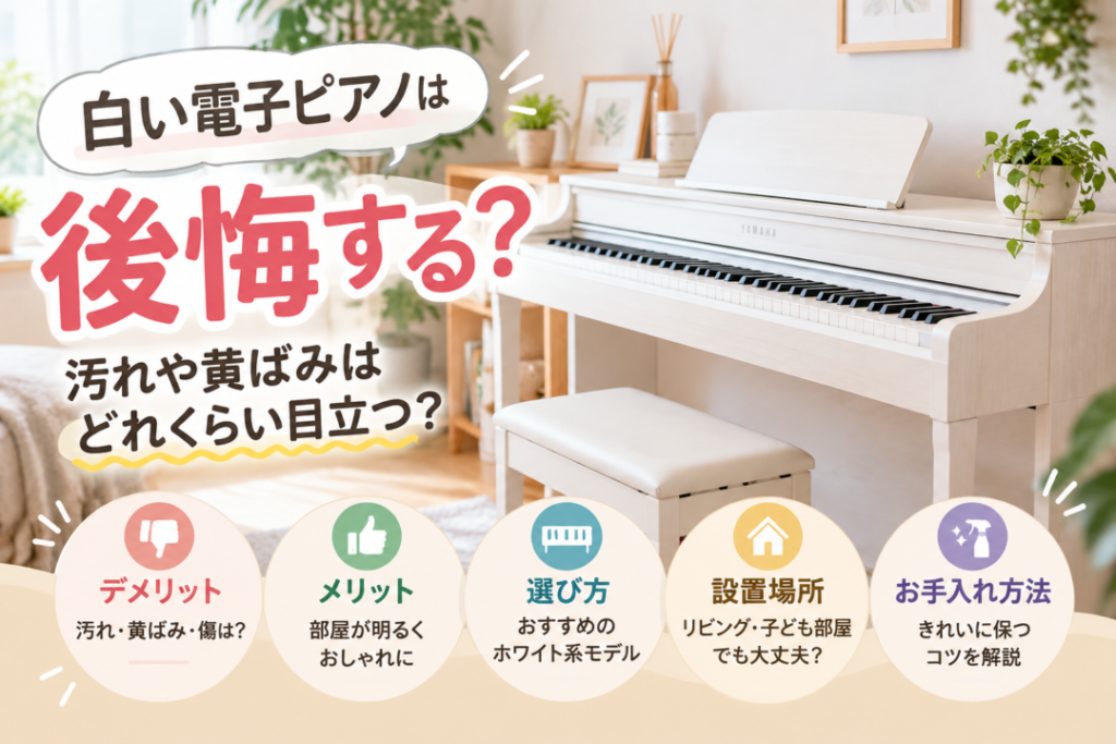 白い電子ピアノは後悔する？汚れや黄ばみのデメリット、メリット、選び方、お手入れ方法を解説するアイキャッチ画像